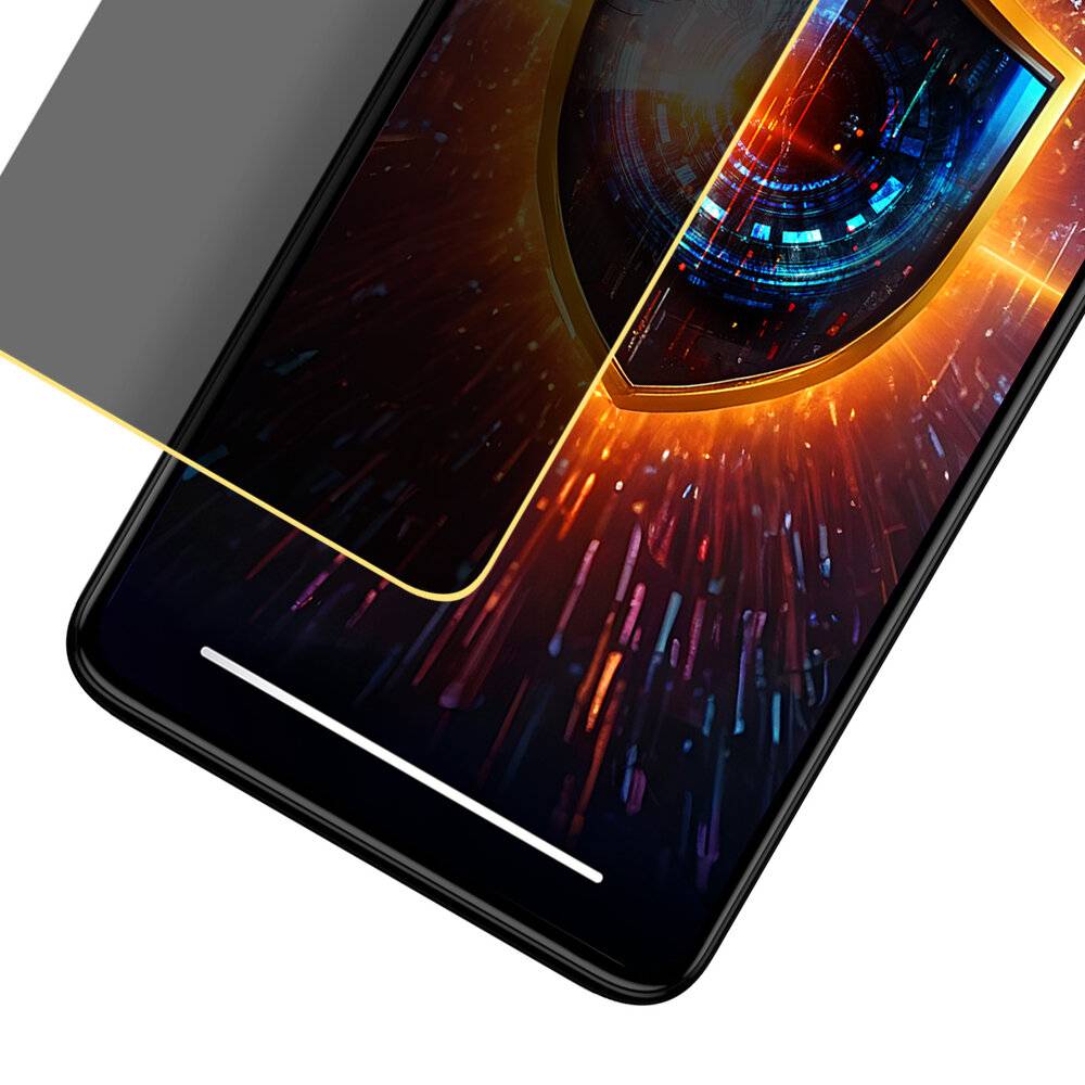 Ein Smartphone mit einer Displayschutzfolie, die ein lebendiges, abstraktes Bild eines digitalen Schildsymbols zeigt, das Cybersicherheit oder Datenschutz andeutet.