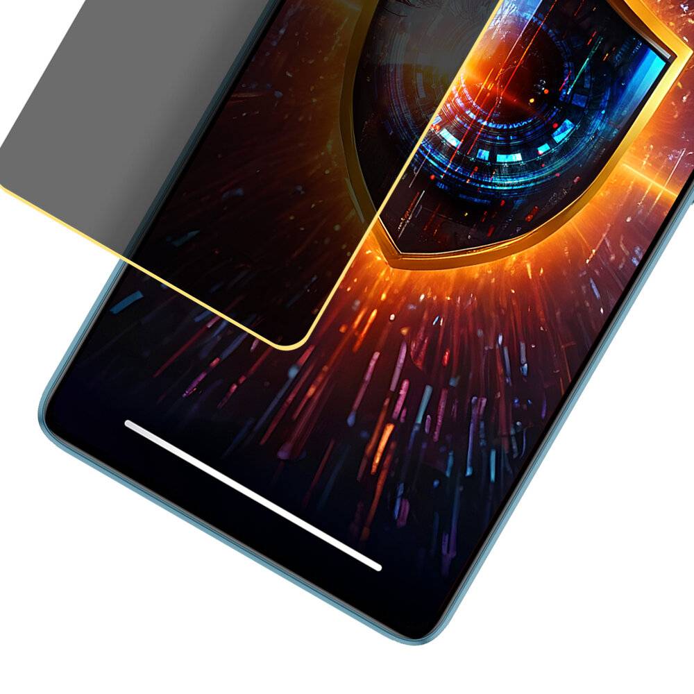 Ein Smartphone mit einem leuchtenden, schildförmigen digitalen Design auf dem Bildschirm, das Cybersicherheit oder Datenschutz darstellt.