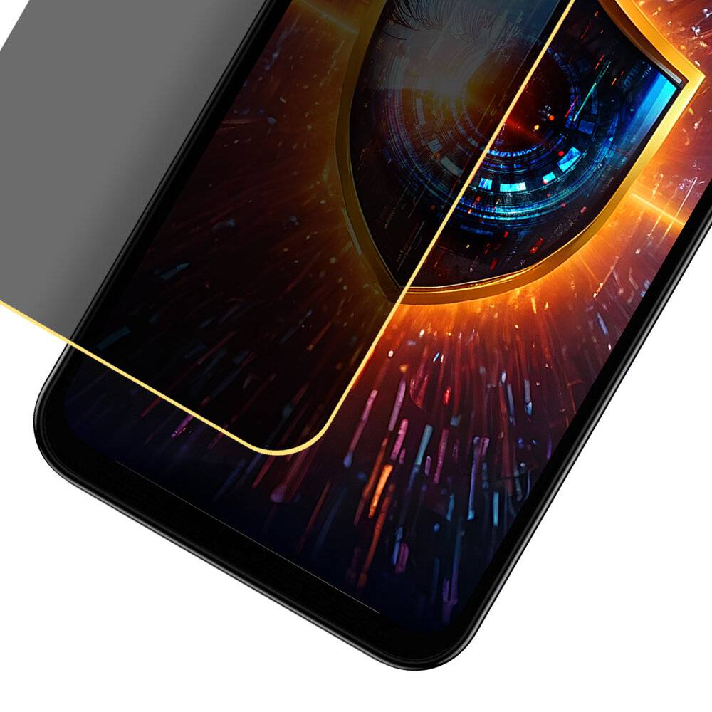 Ein Smartphone mit einer Displayschutzfolie, die die Anzeige teilweise abdeckt und ein lebendiges, futuristisches digitales Augendesign mit orange- und blautönen zeigt.