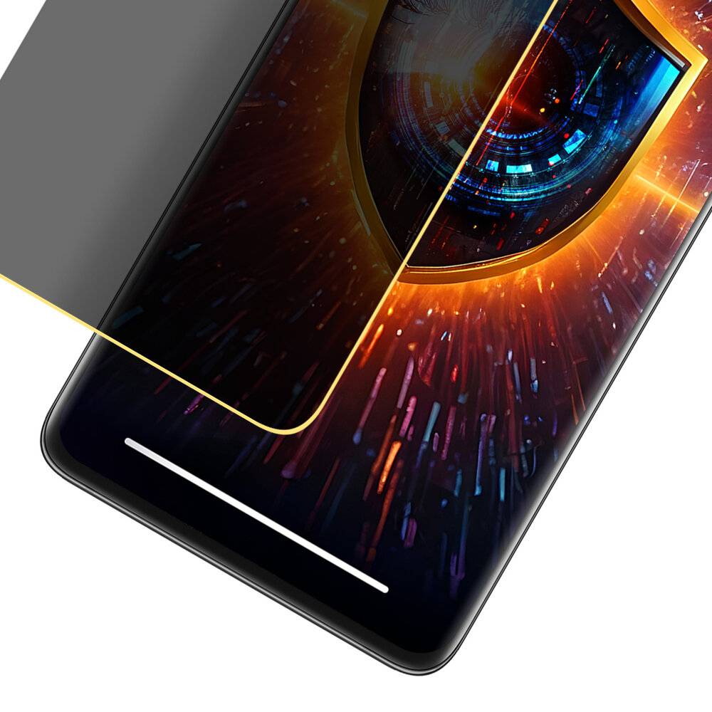 Ein Smartphone mit einer teilweisen Ansicht eines digitalen Auges auf dem Bildschirm, umgeben von einem schützenden goldenen Schild, das digitale Sicherheit symbolisiert.