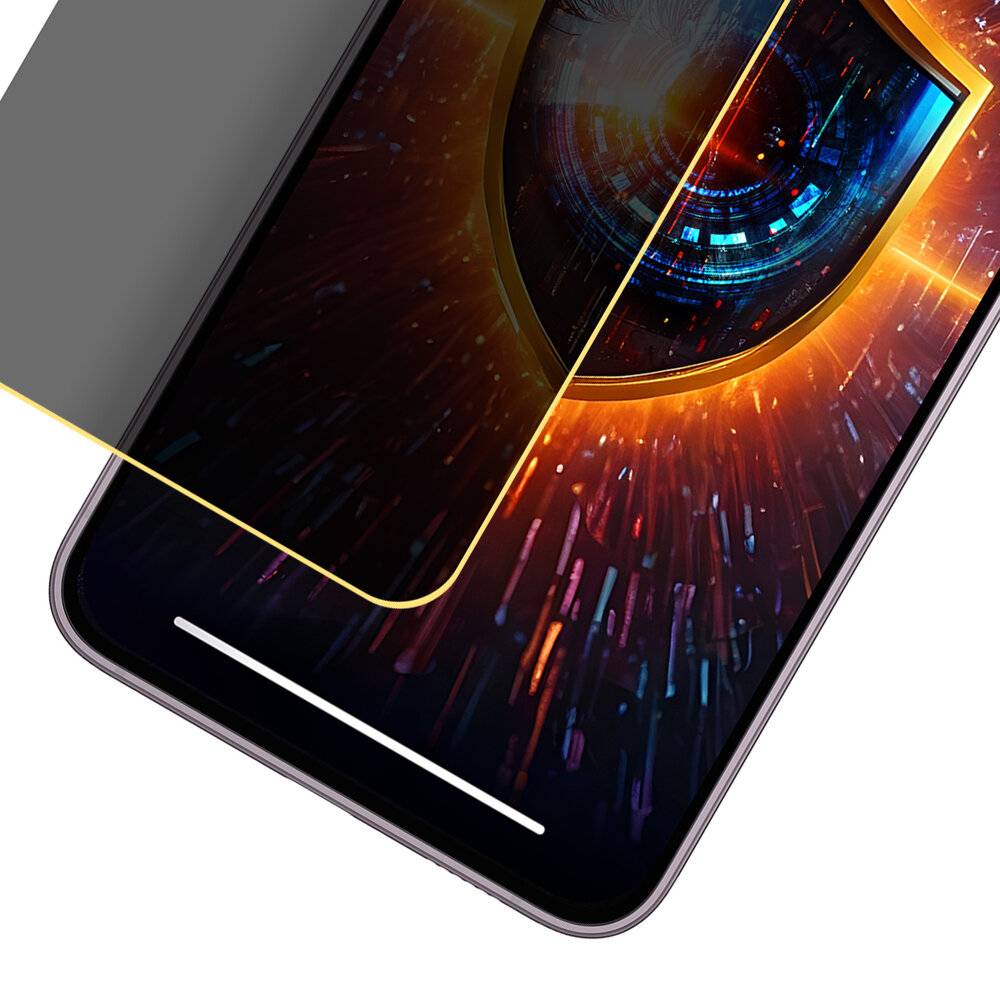 Ein Smartphone mit einer bunten Schildgrafik auf dem Bildschirm, die Schutz oder Sicherheit darstellt, teilweise von einer Glasbildschirmschutzfolie bedeckt.