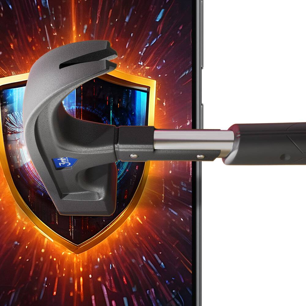 Ein stilisierter Hammer, der auf die Mitte eines Schildes auf einem Smartphone-Bildschirm schlägt, symbolisiert Cybersicherheit und Schutz vor digitalen Angriffen.