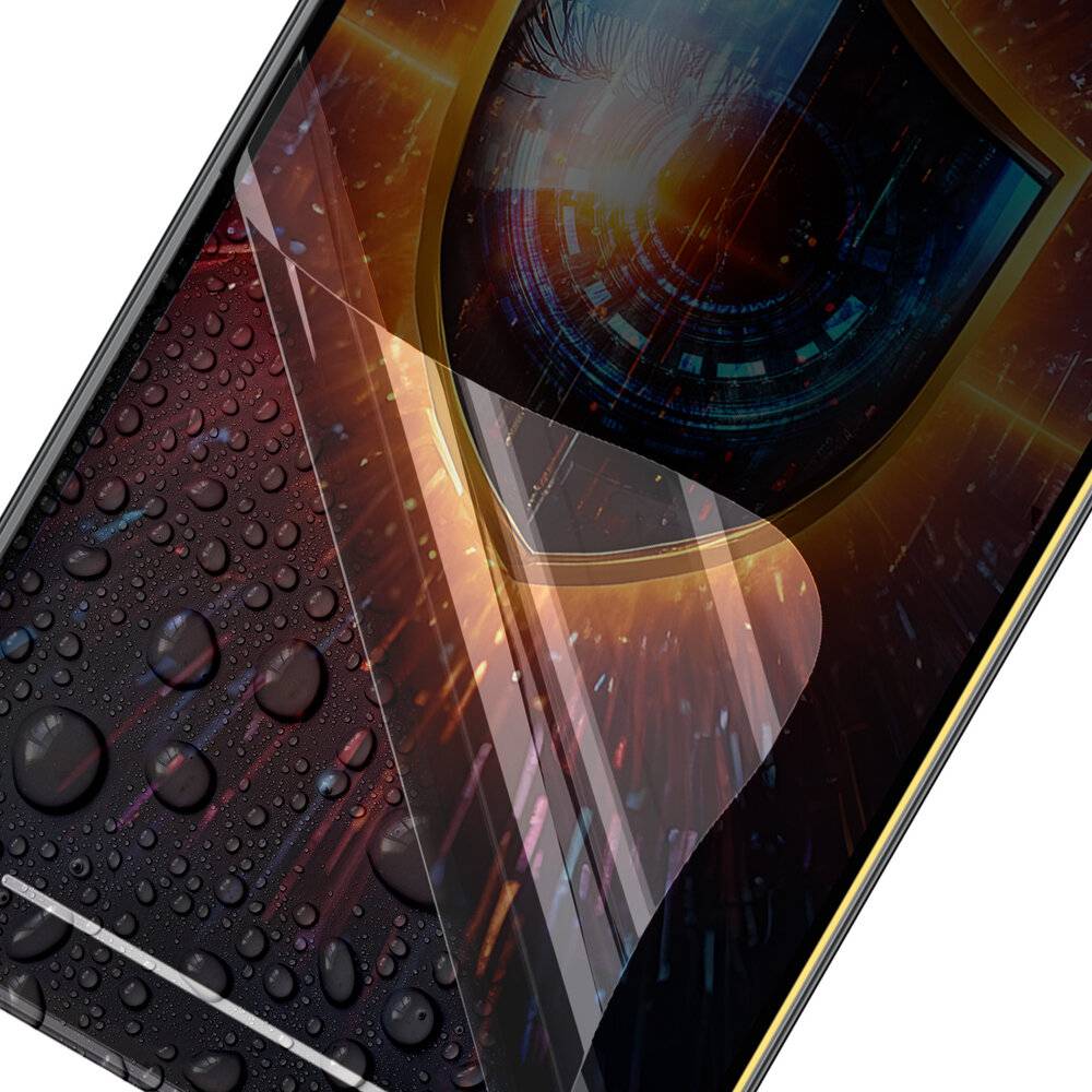 Ein Smartphone-Bildschirm mit einer Nahaufnahme einer nassen Oberfläche und einem digitalen Augensymbol, das auf Schutz- oder Sicherheitsfunktionen hindeutet.