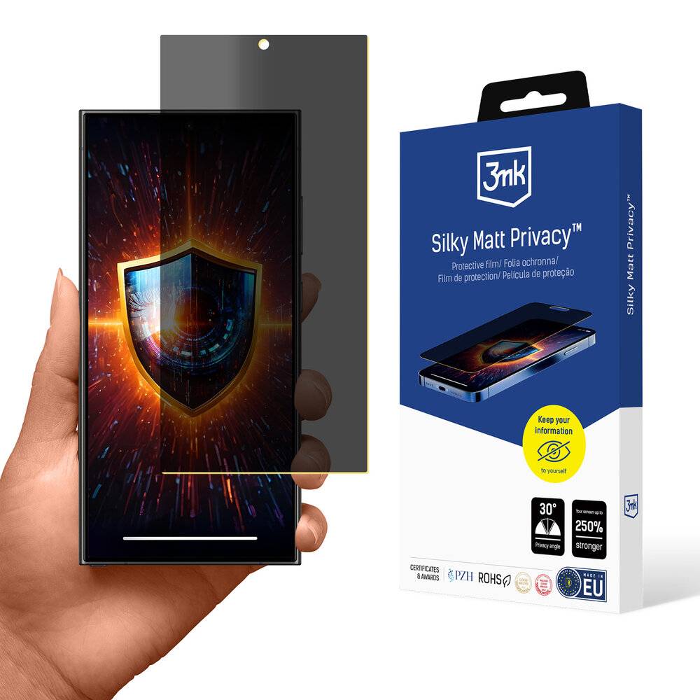 Eine Hand hält ein Smartphone mit einer Datenschutz-Schutzfolie, die ein Schild-Symbol anzeigt. Daneben befindet sich eine 3mk Silky Matt Privacy-Verpackung.