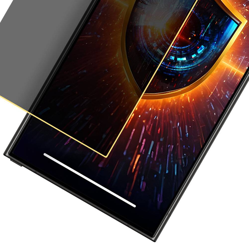 Ein Smartphone mit einem teilweise geöffneten Flip-Case enthüllt ein leuchtendes Auge mit Schaltkreisen, was auf Technologieintegration und Sicherheitsfokus hindeutet.