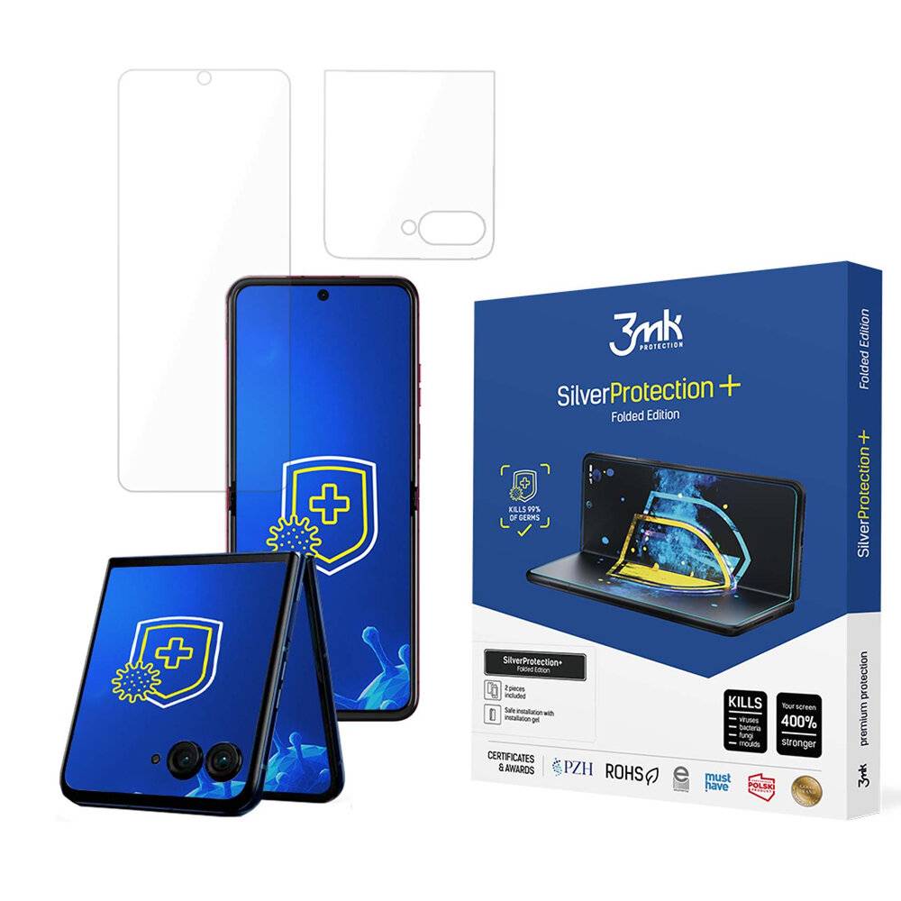 Eingeklappte und ausgeklappte Telefone zeigen auf ihren Bildschirmen ein Schild-Symbol an. In der Nähe bewirbt ein SilverProtection+-Paket Displayschutz und Kameraabteckungen.
