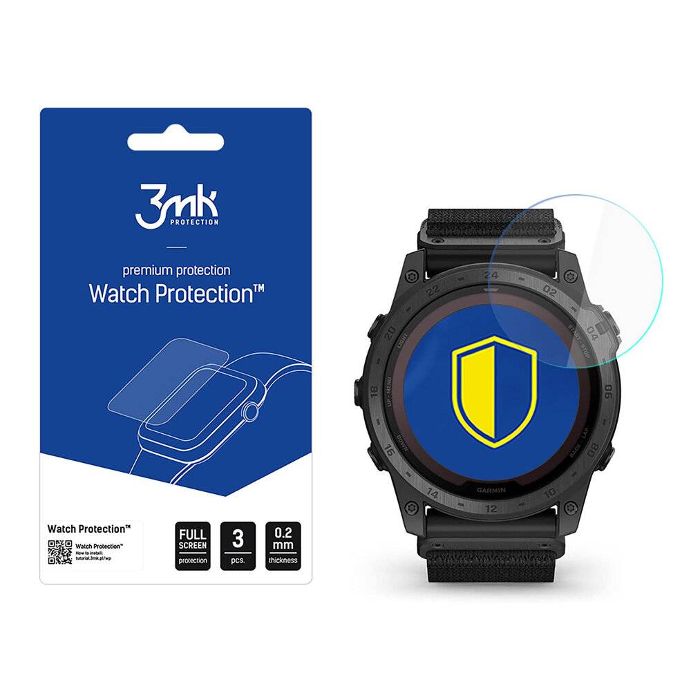 3mk Protection Watch Protection Displayschutzfolien in ihrer Verpackung und eine Smartwatch mit einem blau-gelben Schildsymbol auf dem Bildschirm.