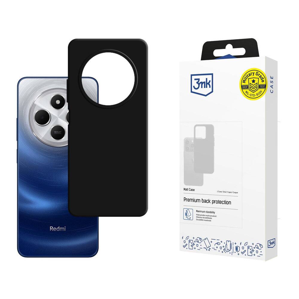 Ein blaues Redmi-Telefon mit hervorgehobenem Kamerabereich steht neben einer 3mk-Handyhülle in einer Schachtel mit der Aufschrift „Premium back protection