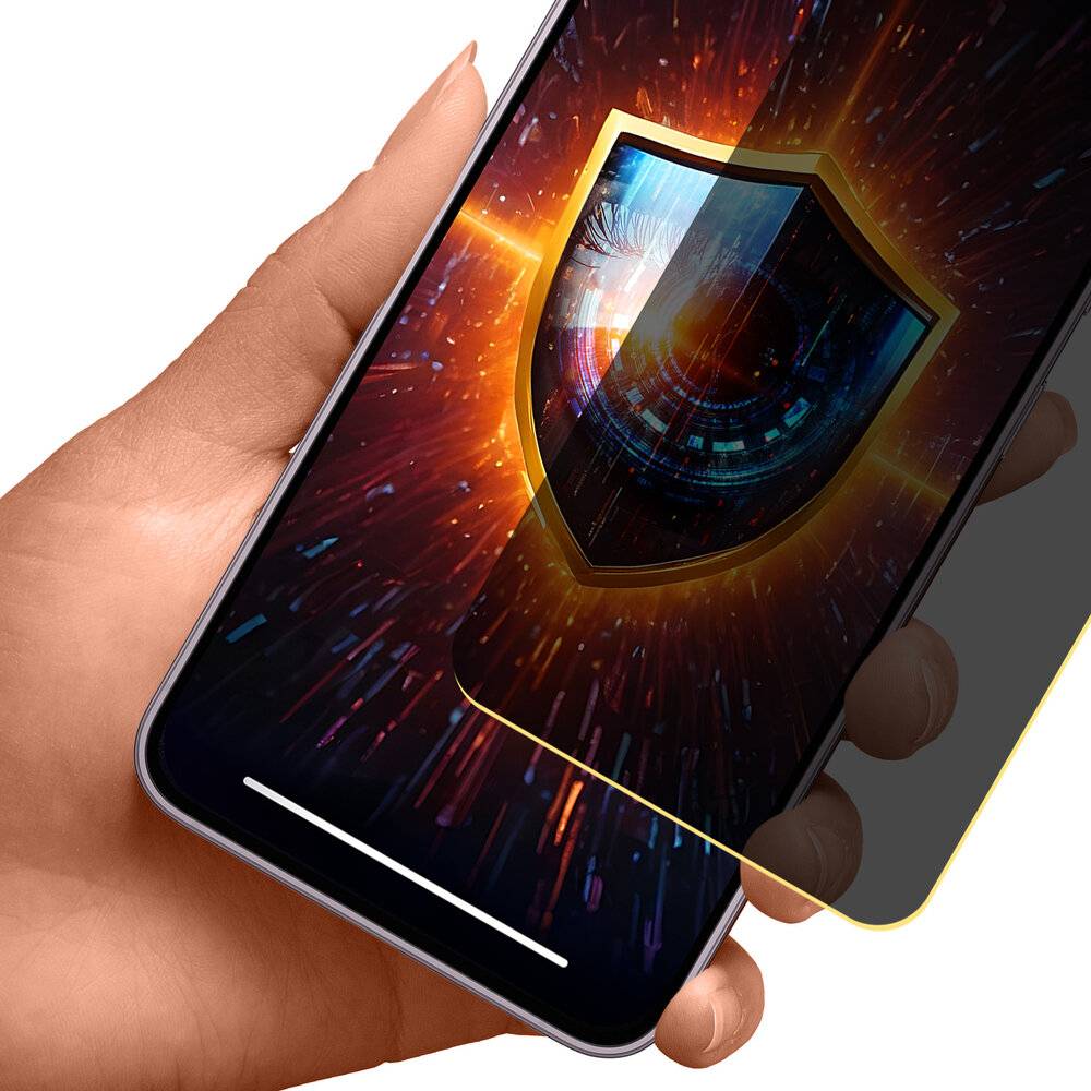 Eine Hand hält ein Smartphone, auf dem ein digitales Schild mit einem Auge in der Mitte angezeigt wird, das Cybersicherheit oder den Schutz der digitalen Privatsphäre symbolisiert.