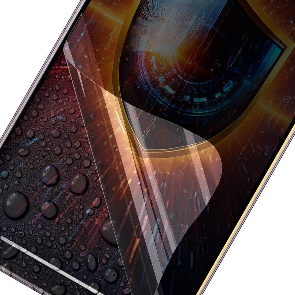 Ein Smartphone mit gekrümmtem Bildschirm zeigt eine Grafik eines Auges in einem Schild an, was den Schutz des Bildschirms symbolisiert. Wassertropfen sind auf dem Bildschirm sichtbar.