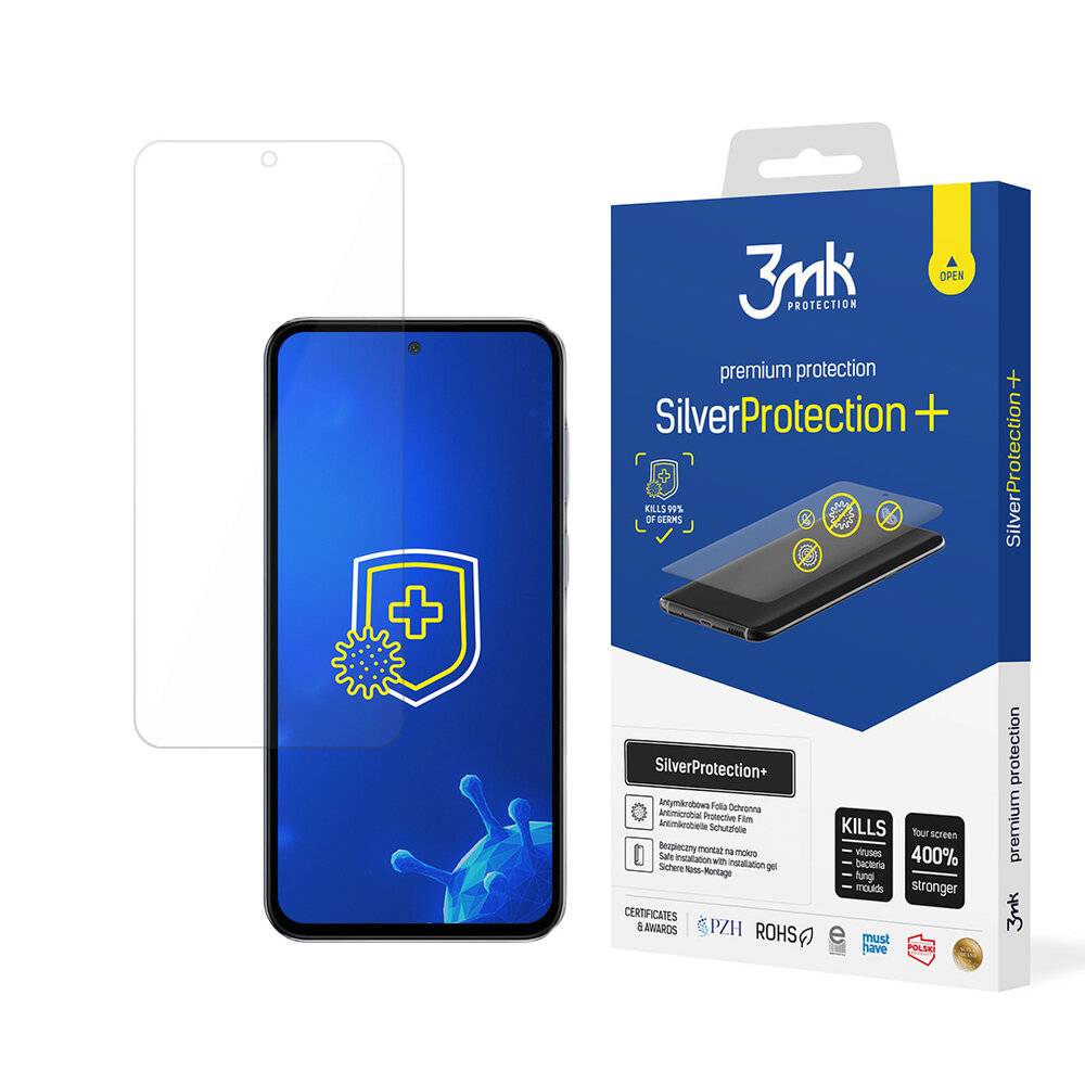 Schutzfolien-Verpackung für Smartphones mit der Bezeichnung '3mk SilverProtection+' mit einem Smartphone-Bild, das antimikrobielle Eigenschaften hervorhebt.