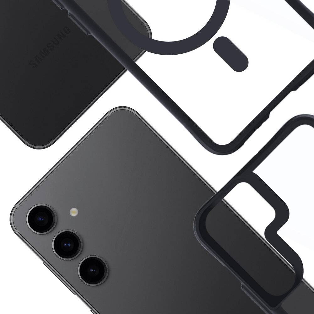 Draufsicht auf ein schwarzes Smartphone mit drei Kameralinsensystemen, daneben zwei transparente Handyhüllen, die Kompatibilität und Design zeigen.