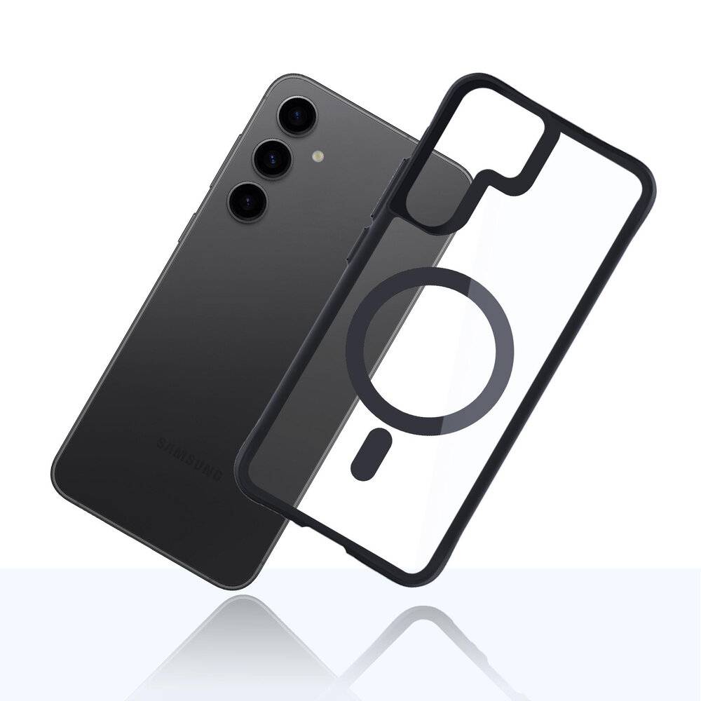 Transparente magnetische Handyhülle neben einem Smartphone mit drei rückwärtigen Kameras, die ein Schutzdesign mit einem kreisförmigen Magneten hervorhebt.