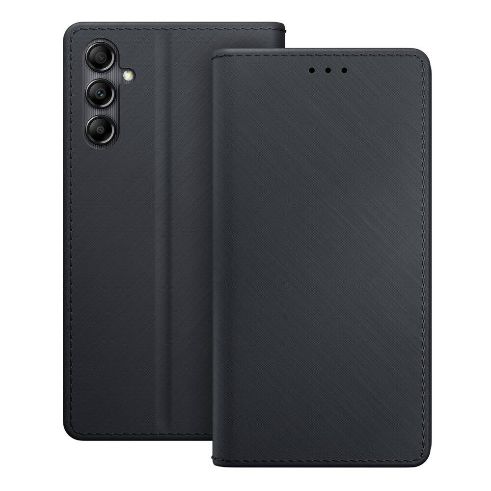 Schwarze Smartphone-Hülle mit klappbarem Cover, mit strukturierter Oberfläche und Aussparungen für drei Kameraobjektive und Lautsprecher.