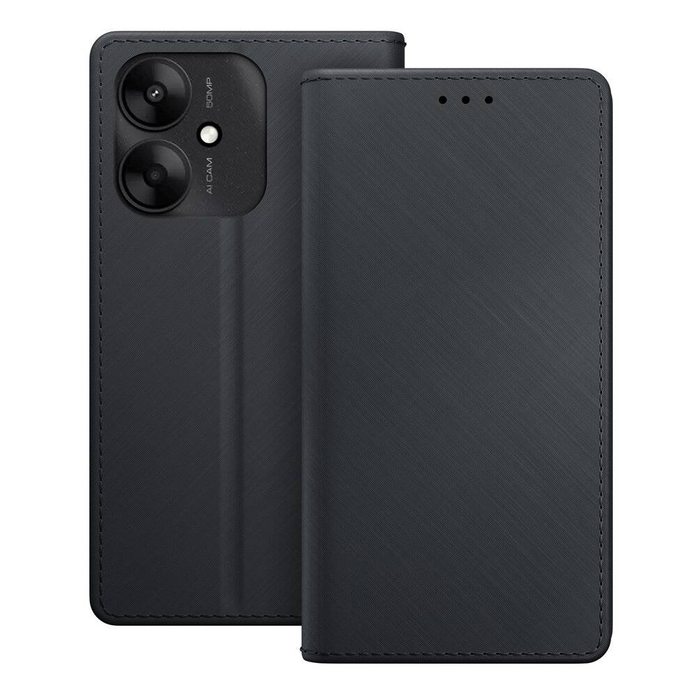 Schwarzes Smartphone in einem eleganten, dunkelgrauen Folio-Case mit sichtbaren Dual-Kameraobjektiven und Blitz auf der Rückseite, das ein minimalistisches Design präsentiert.