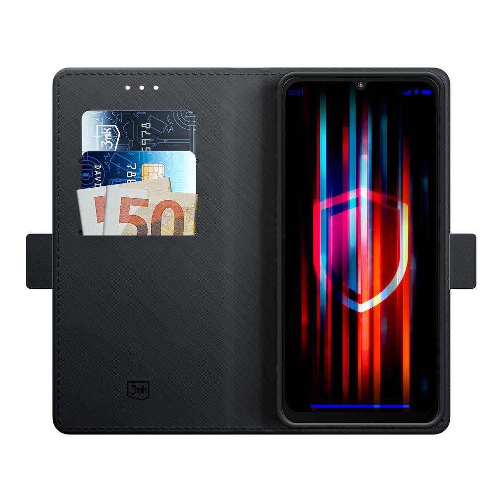 Ein Smartphone in einem Geldbörsencover zeigt auf dem Bildschirm ein farbiges Schild an, während Karten und Euro-Scheine in den Brieftaschenfächern sichtbar sind.