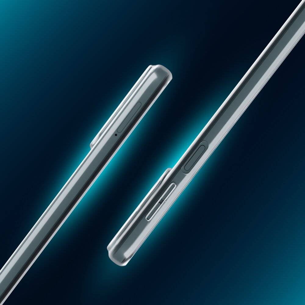 Zwei schlanke Smartphones, von der Seite gesehen, die das elegante Design und die Seitentasten hervorheben, vor einem dunklen Verlaufshintergrund.