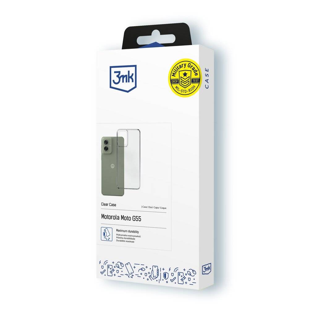 Verpackung für ein 3mk klares Schutzhüllen für Motorola Moto G55, mit militärischer Schutzqualität und einem klaren Bild der Handyhülle.