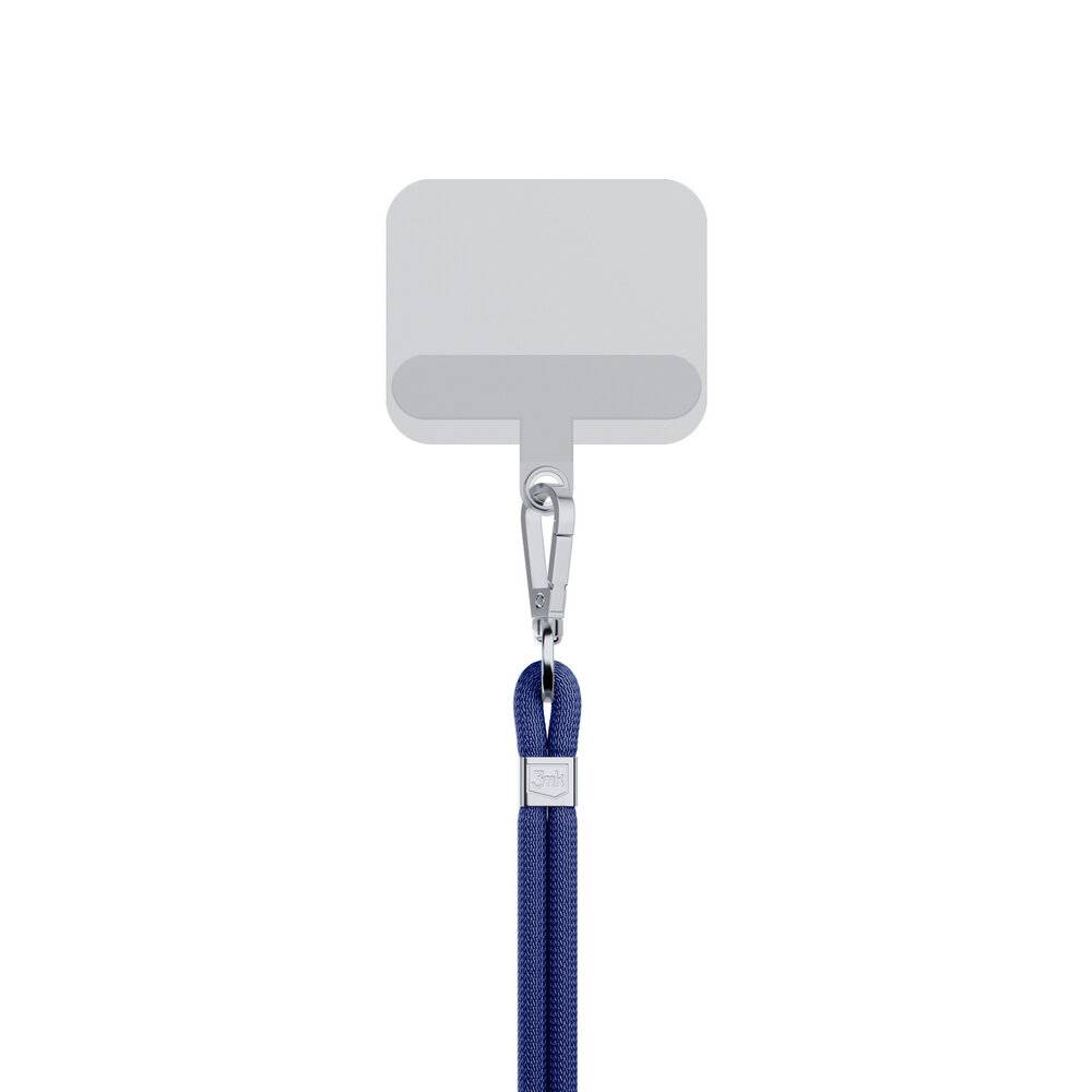 Ein weißer Ausweishalter mit Clip, befestigt an einem dunkelblauem Umhängeband.