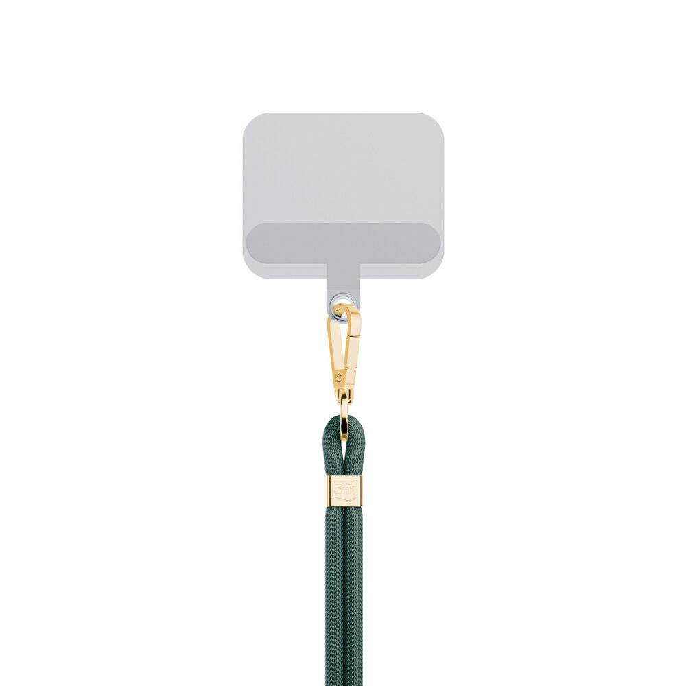 Ein Umhängeband mit einem goldenen Clip, das an einem leeren rechteckigen ID-Kartenhalter befestigt ist, isoliert auf weißem Hintergrund.