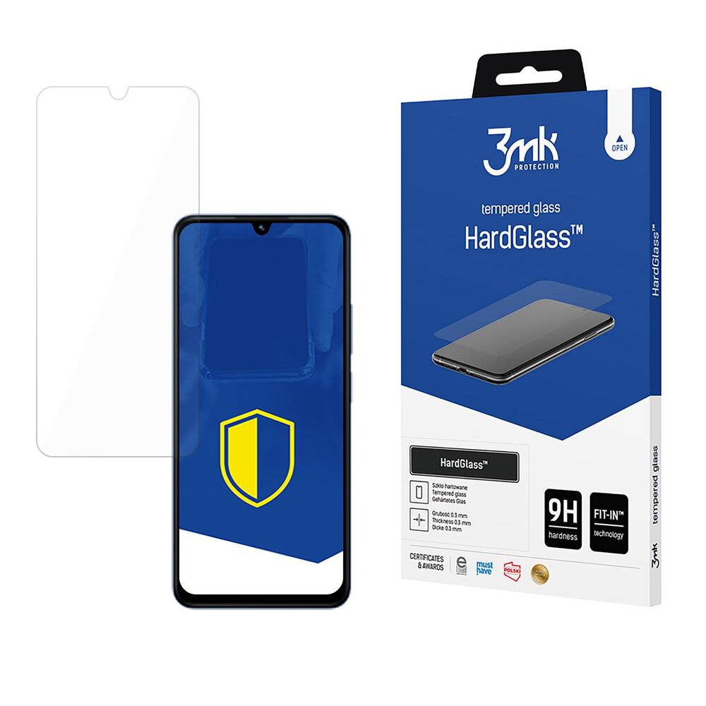 Telefon mit aufgebrachtem Displayschutz neben einer Verpackung mit der Aufschrift „3mk Protection Tempered HardGlass™