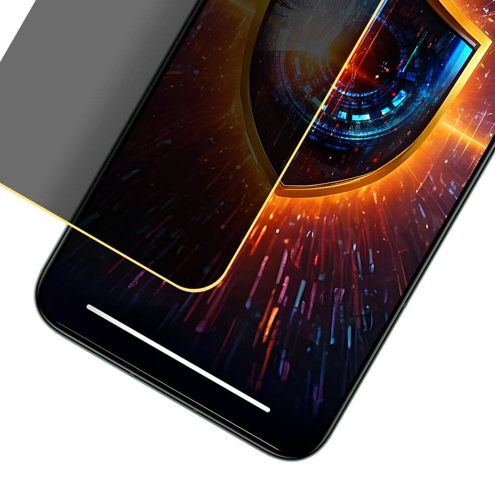 Ein Smartphone-Bildschirm mit einer Schutzfolie, die teilweise zurückgezogen ist und ein digitales Sicherheitsschild-Symbol offenbart, das über einem leuchtenden Auge überlagert ist.