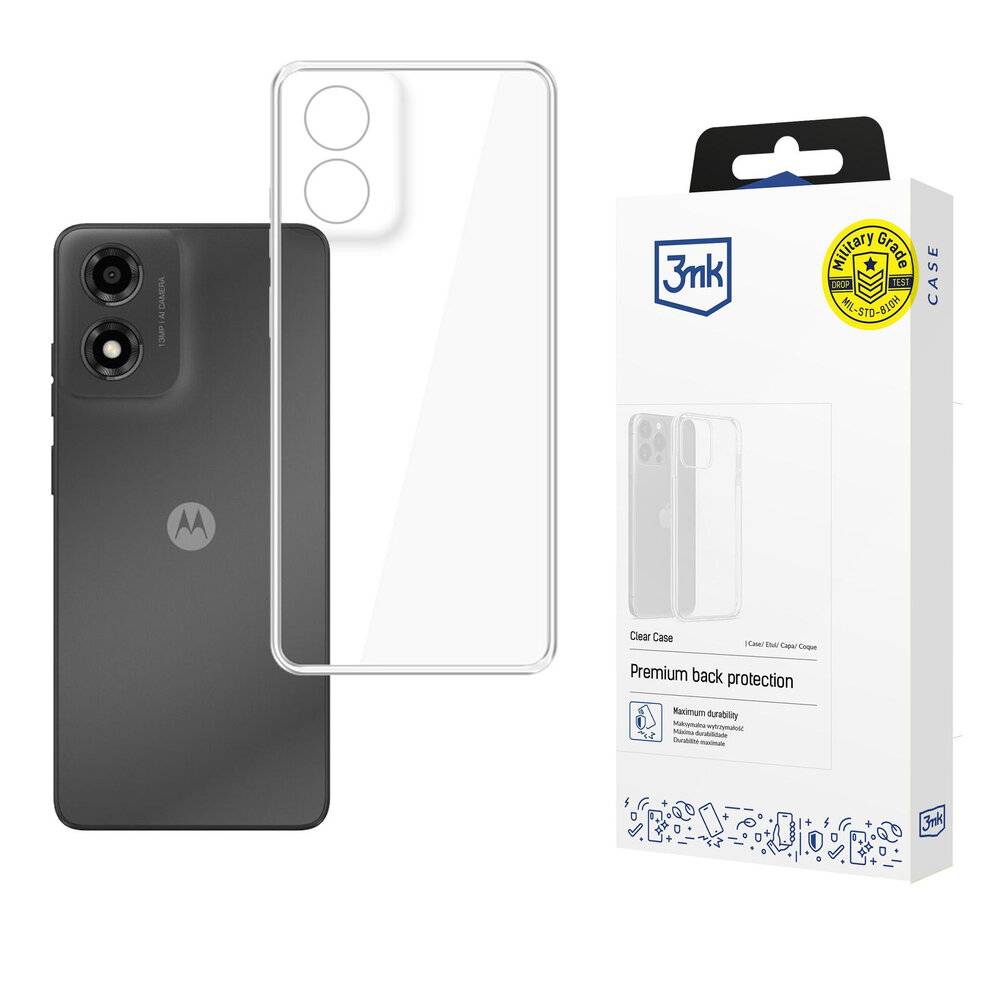 Ein Smartphone mit Doppelkamera neben einer durchsichtigen Schutzhülle und 3mk-Markenverpackung, auf der „Premium back protection