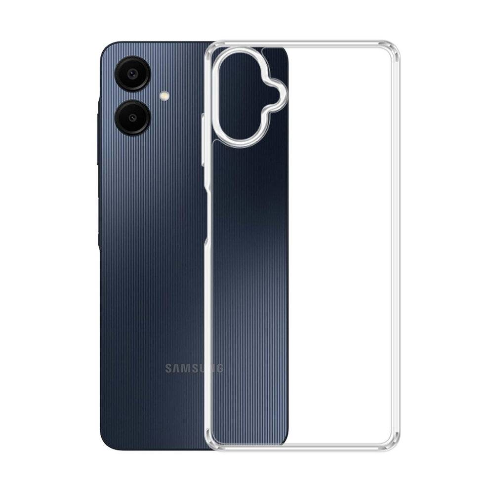 Ein Smartphone mit einer strukturierten, dunklen Oberfläche wird zusammen mit einer daneben liegenden transparenten Schutzhülle gezeigt.