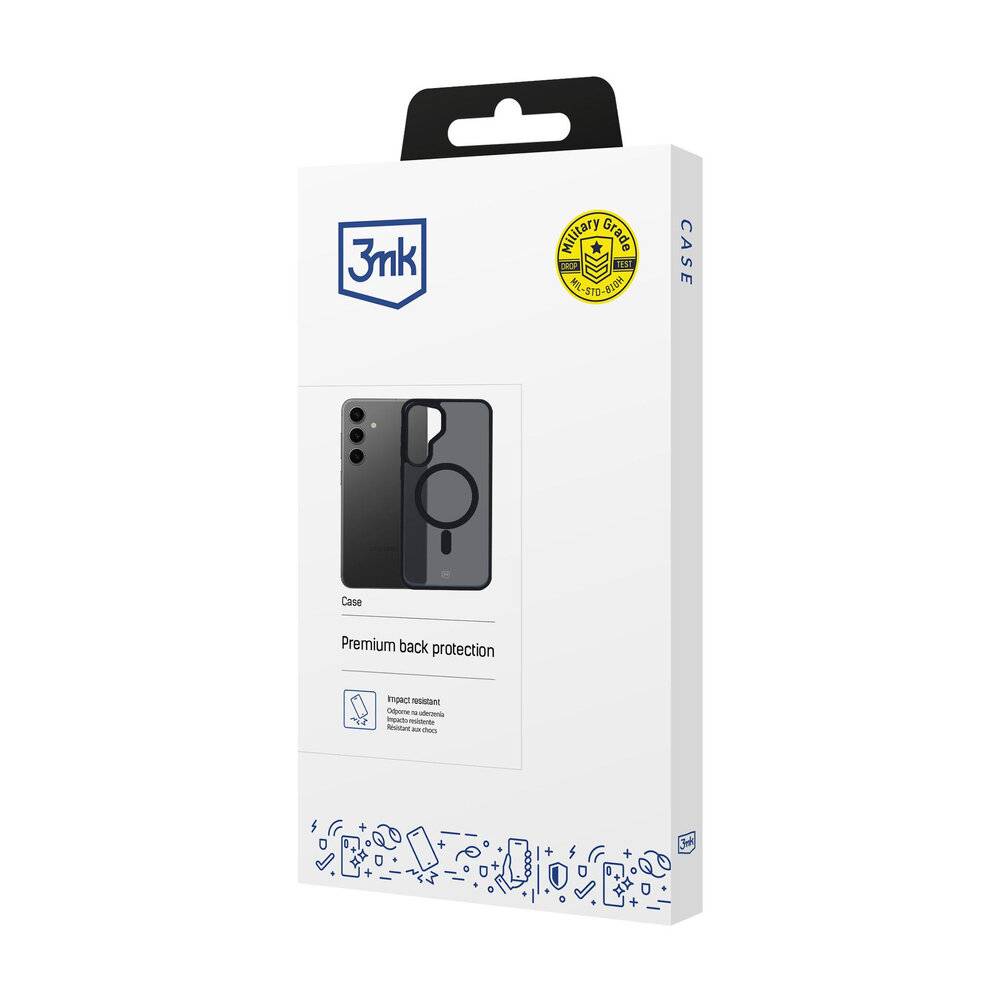 Weiße Verpackungsschachtel für eine Smartphone-Hülle mit einem Logo, Produktbild und Text „Premium-Rückenschutz