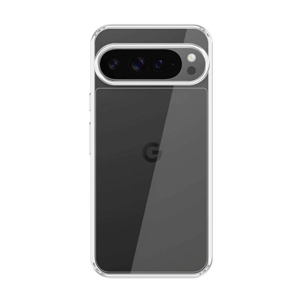 Ein Smartphone mit einer transparenten Schutzhülle, die ein dreifaches Kamera-Setup und ein Logo auf der Rückseite zeigt.