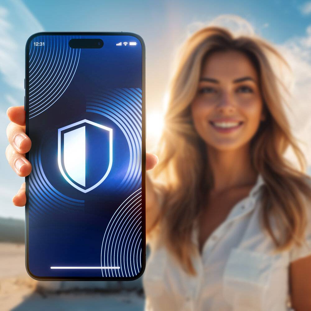 Ein Smartphone mit einer digitalen Schaltung, die auf seinem Bildschirm ein augenförmiges Design bildet und Technologie, Sicherheit oder futuristische Themen symbolisiert.