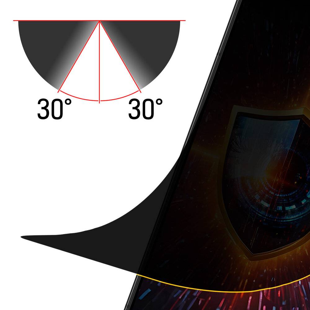 Diagramm, das ein 60-Grad-Sichtfeld darstellt, das in zwei 30-Grad-Abschnitte unterteilt ist, mit einem schildförmigen Emblem auf der rechten Seite.
