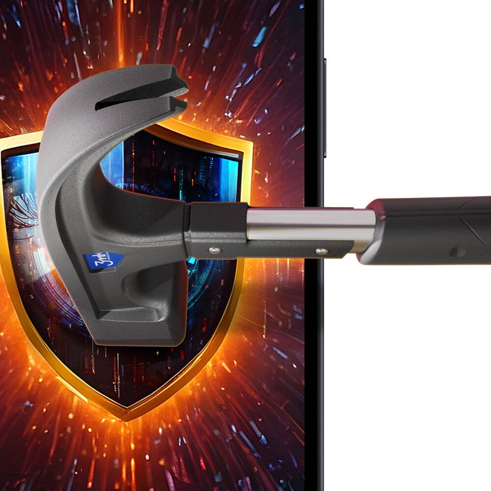 Ein Hammer durchbricht einen Smartphone-Bildschirm und enthüllt einen digitalen Schild, was Cybersecurity-Verletzungen oder Hacking-Anfälligkeit symbolisiert.