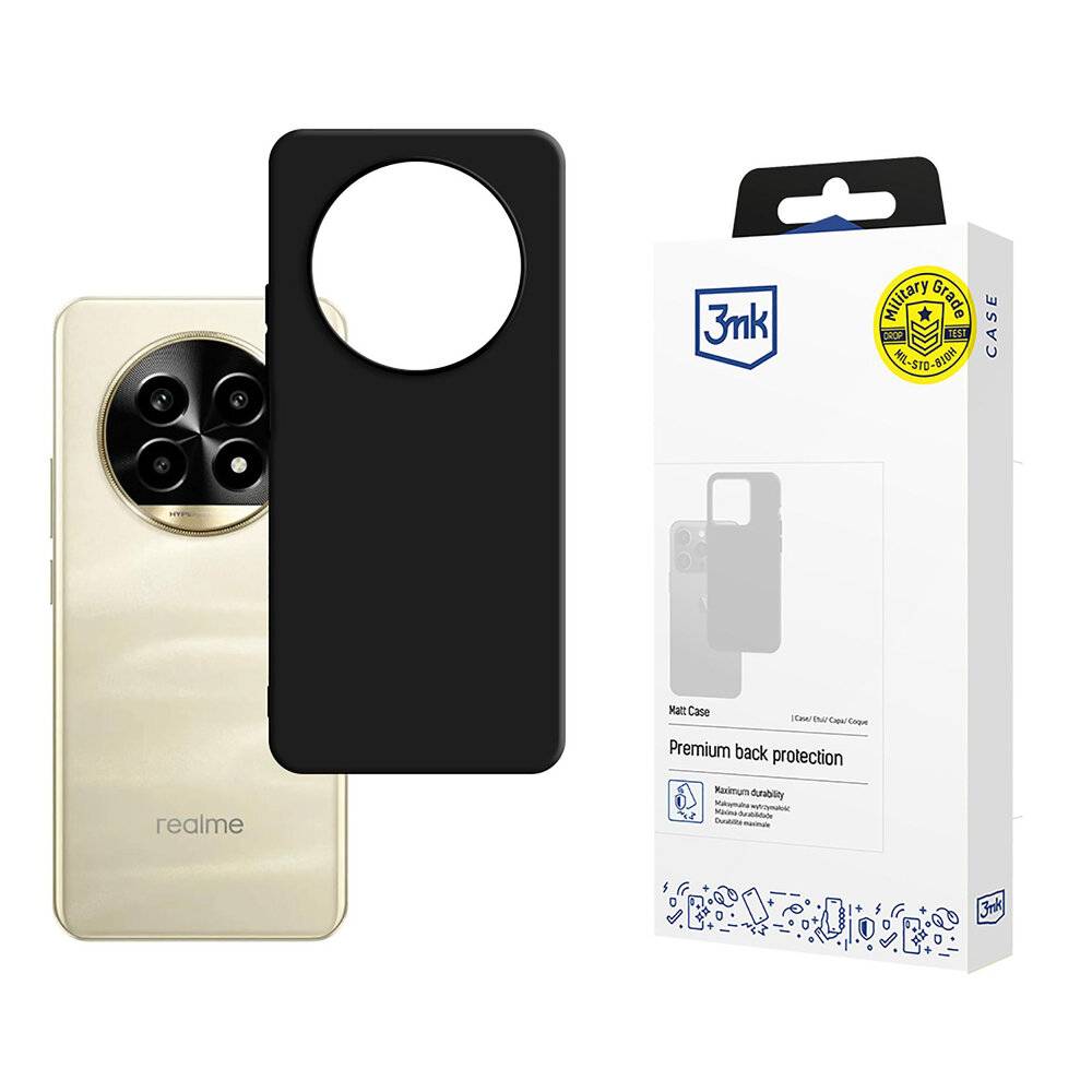 Schwarze Schutzhülle '3mk' für iPhone 12 Pro mit zirkulärem Design, dargestellt neben ihrer Verpackung. Bietet 