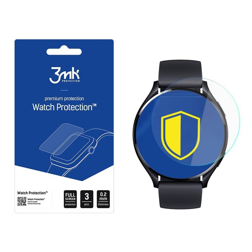 Eine Smartwatch mit Displayschutzfolie wird neben ihrer Verpackung gezeigt, die mit „3mk Watch Protection