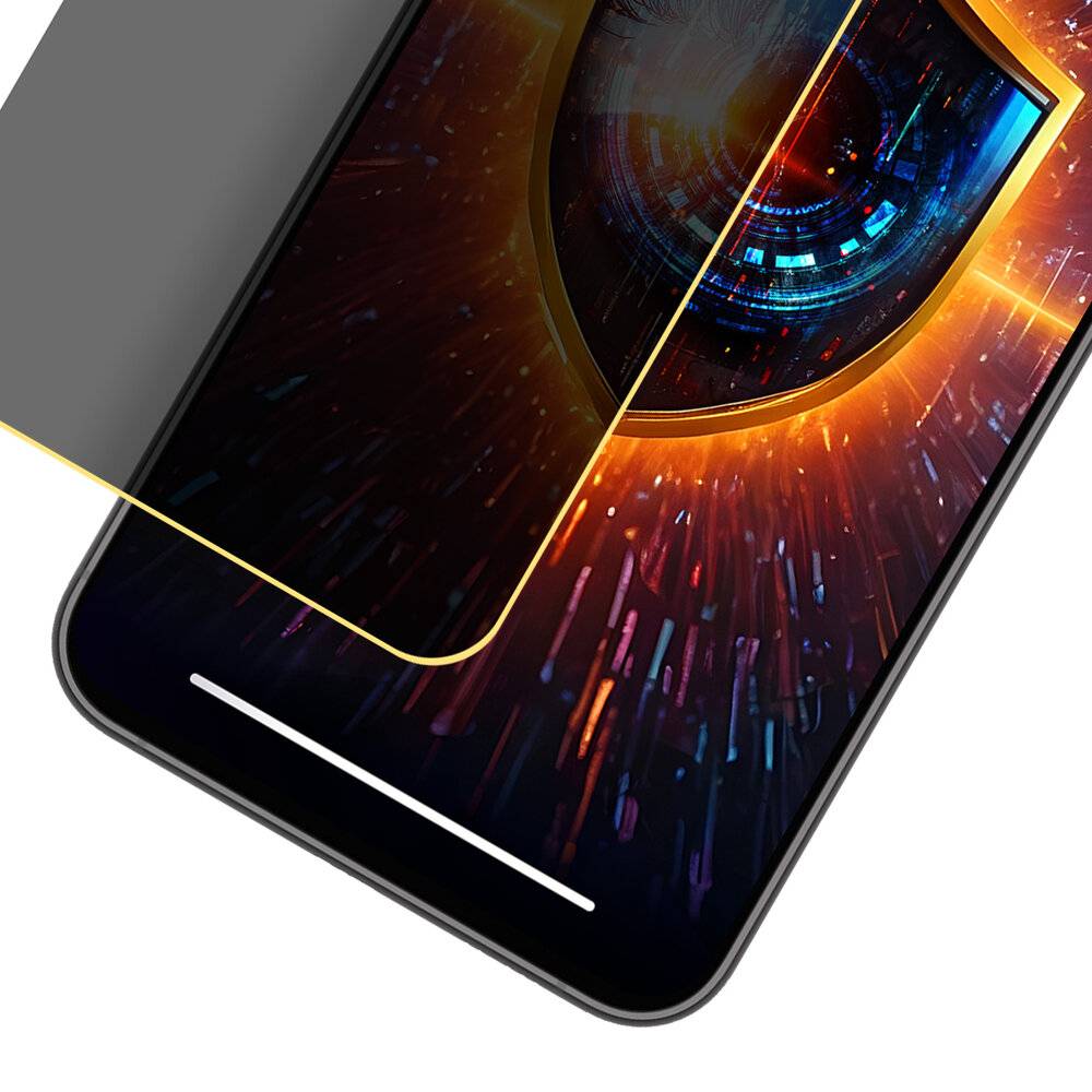 Ein Smartphone mit einer Displayschutzfolie, die ein futuristisches Design eines digitalen Auges zeigt und fortschrittliche Technologie und Sicherheit symbolisiert.