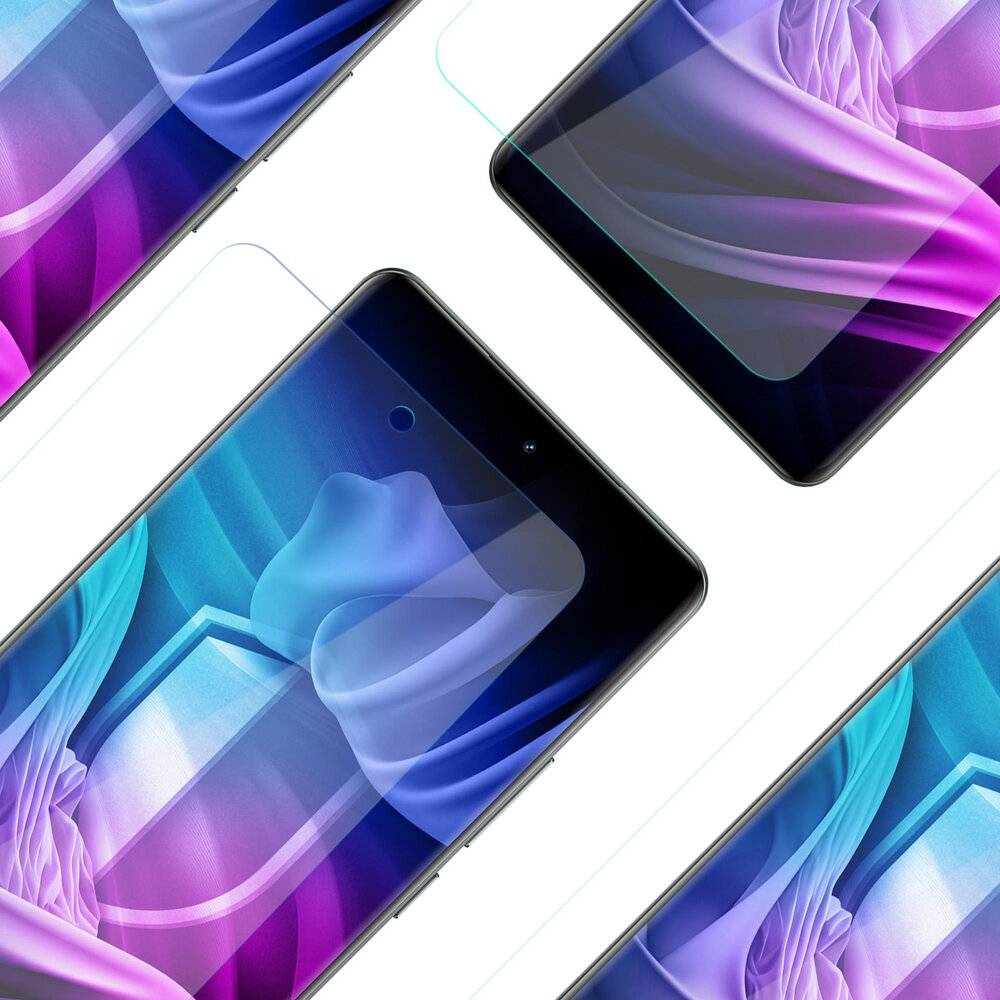 Mehrere Smartphones mit lebendigen, abstrakten Bildschirmen sind diagonal angeordnet. Jeder Bildschirm zeigt eine wirbelnde Mischung aus blauen, violetten und rosa Tönen.