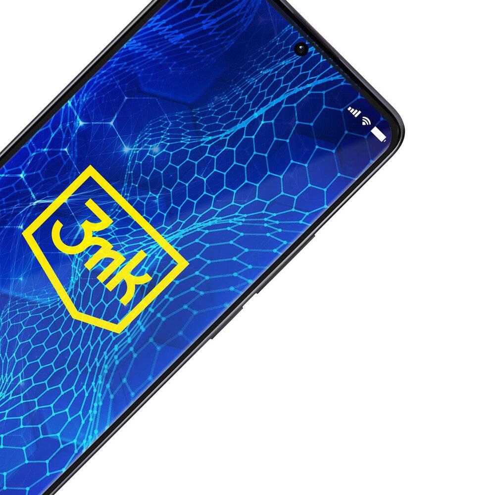 Ein Smartphone, das ein blaues Gittermuster mit dem in Gelb dargestellten Logo '3mk' auf seinem Bildschirm zeigt.