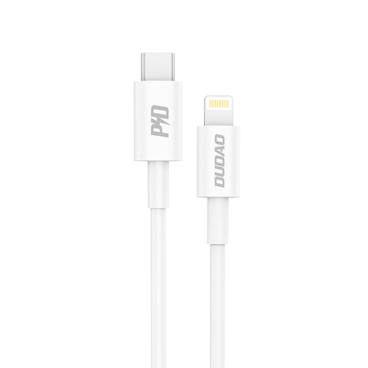 Ein weißes USB-C-zu-Lightning-Kabel mit Aufschriften ‚PD' und ‚DUDAO', vor einem einfarbigen Hintergrund abgebildet, was kompatible Ladeverbinder anzeigt.