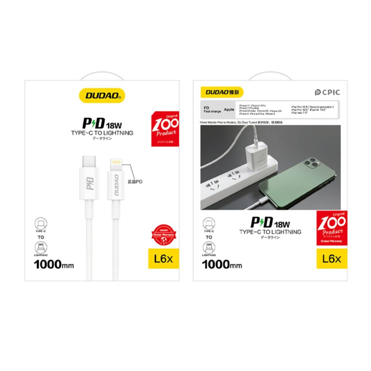 DUDAO Typ-C auf Lightning 1000mm Kabel Verpackung. Merkmale umfassen 18W Power Delivery, L6x, geeignet für Laden und Datenübertragung.