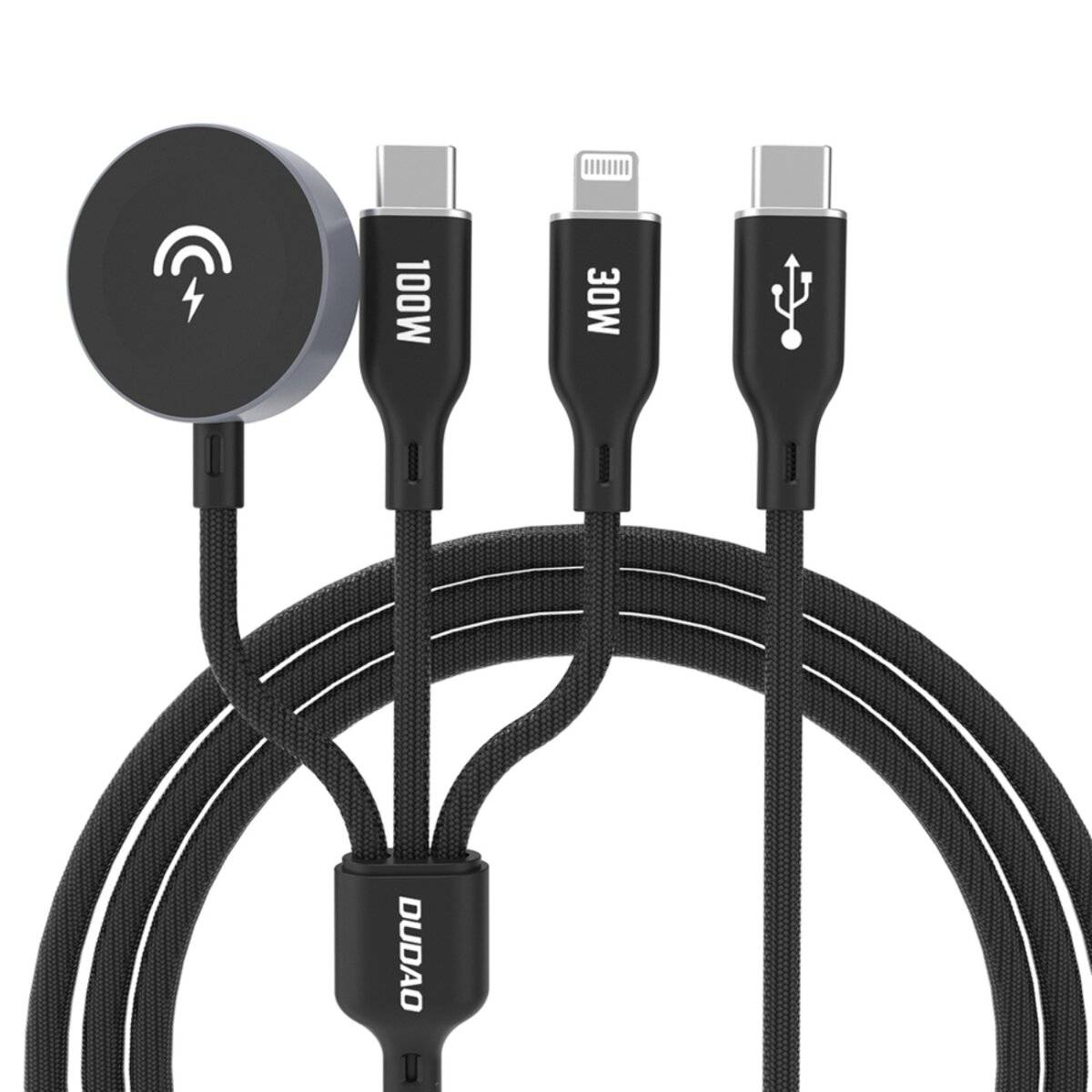 Dudao A12Max+ 3in1 Ladekabel mit Ladegerät für Apple Watch, USB-C & kompatibel mit iPhone (Kabel), 100W, 1,2 m – Schwarz