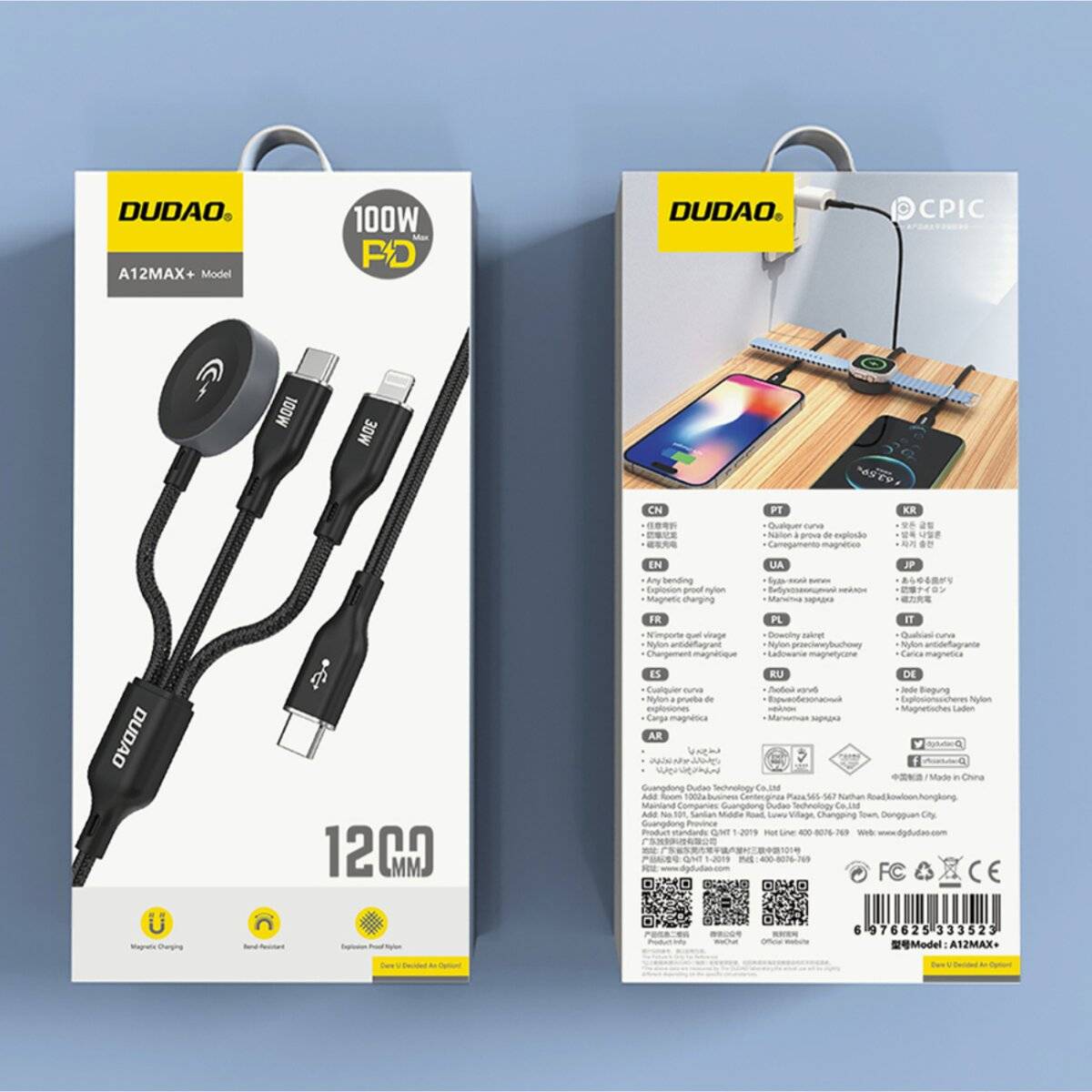 Dudao A12Max+ 3in1 Ladekabel mit Ladegerät für Apple Watch, USB-C & kompatibel mit iPhone (Kabel), 100W, 1,2 m – Schwarz