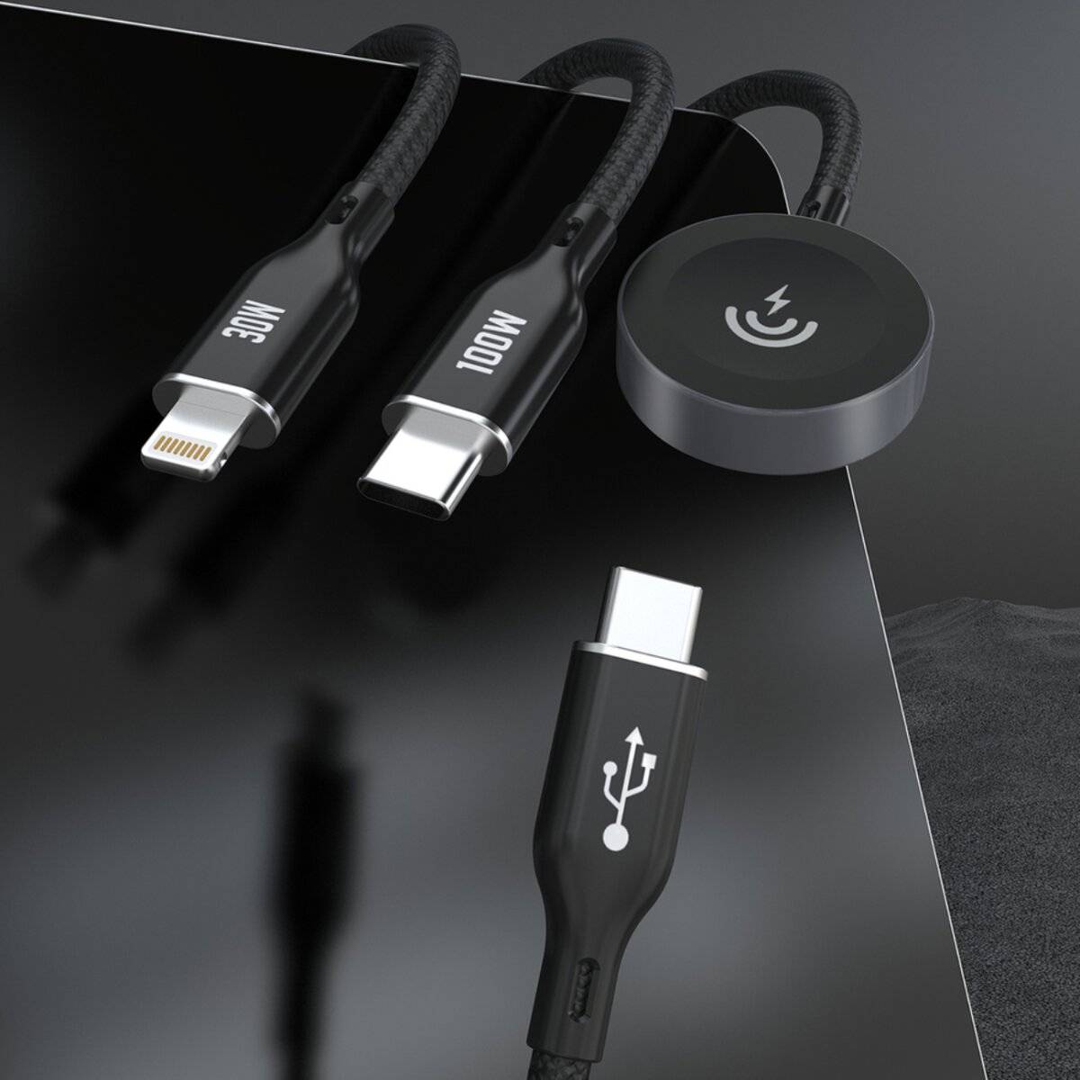 Dudao A12Max+ 3in1 Ladekabel mit Ladegerät für Apple Watch, USB-C & kompatibel mit iPhone (Kabel), 100W, 1,2 m – Schwarz