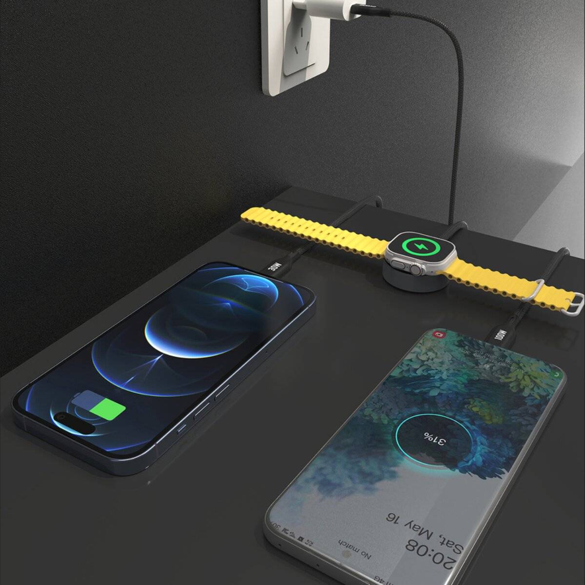 Dudao A12Max+ 3in1 Ladekabel mit Ladegerät für Apple Watch, USB-C & kompatibel mit iPhone (Kabel), 100W, 1,2 m – Schwarz