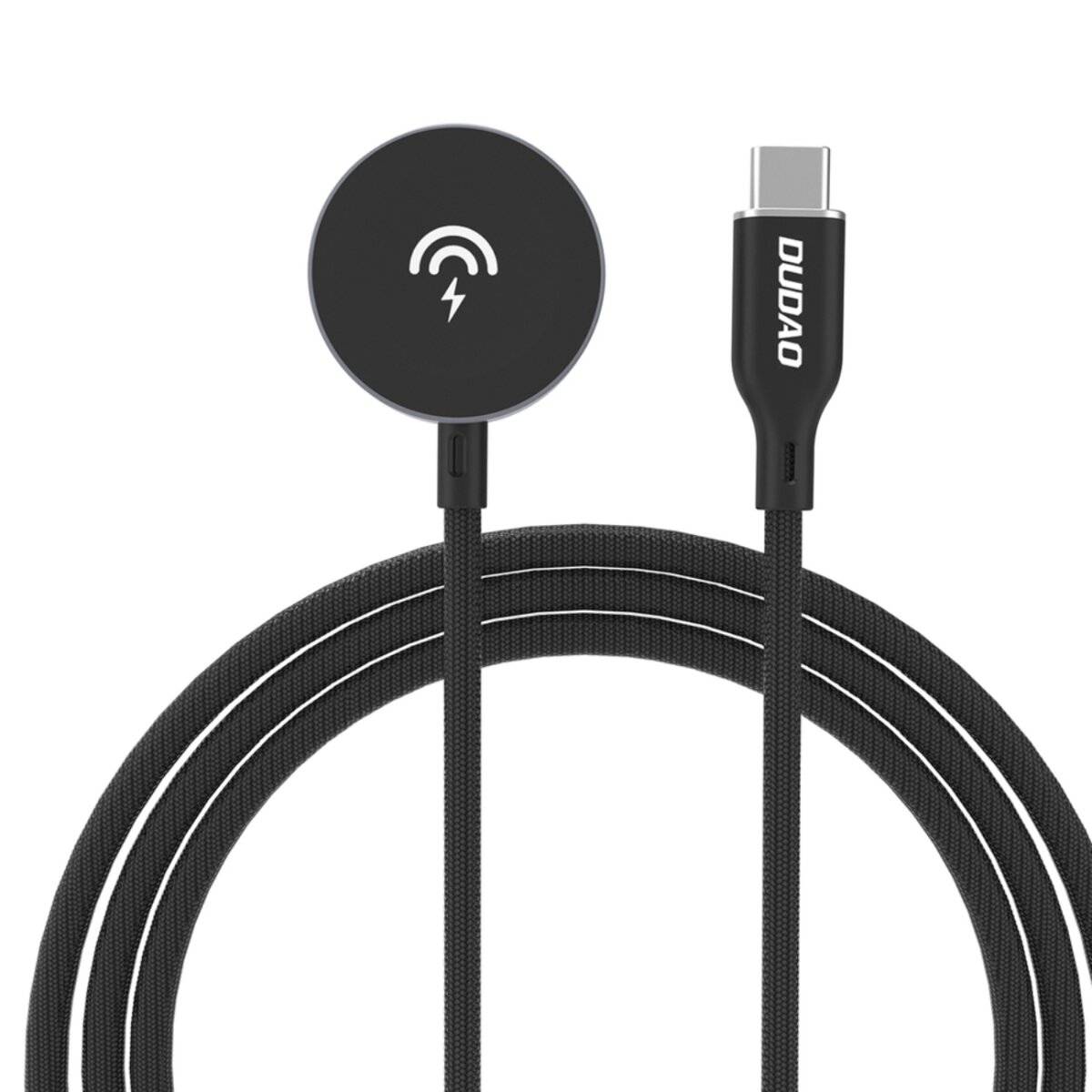 Ein schwarzes Ladekabel mit einem USB-C-Anschluss an einem Ende und einem magnetischen runden Ladegerät am anderen Ende, mit der Aufschrift ‚DUDAO'.