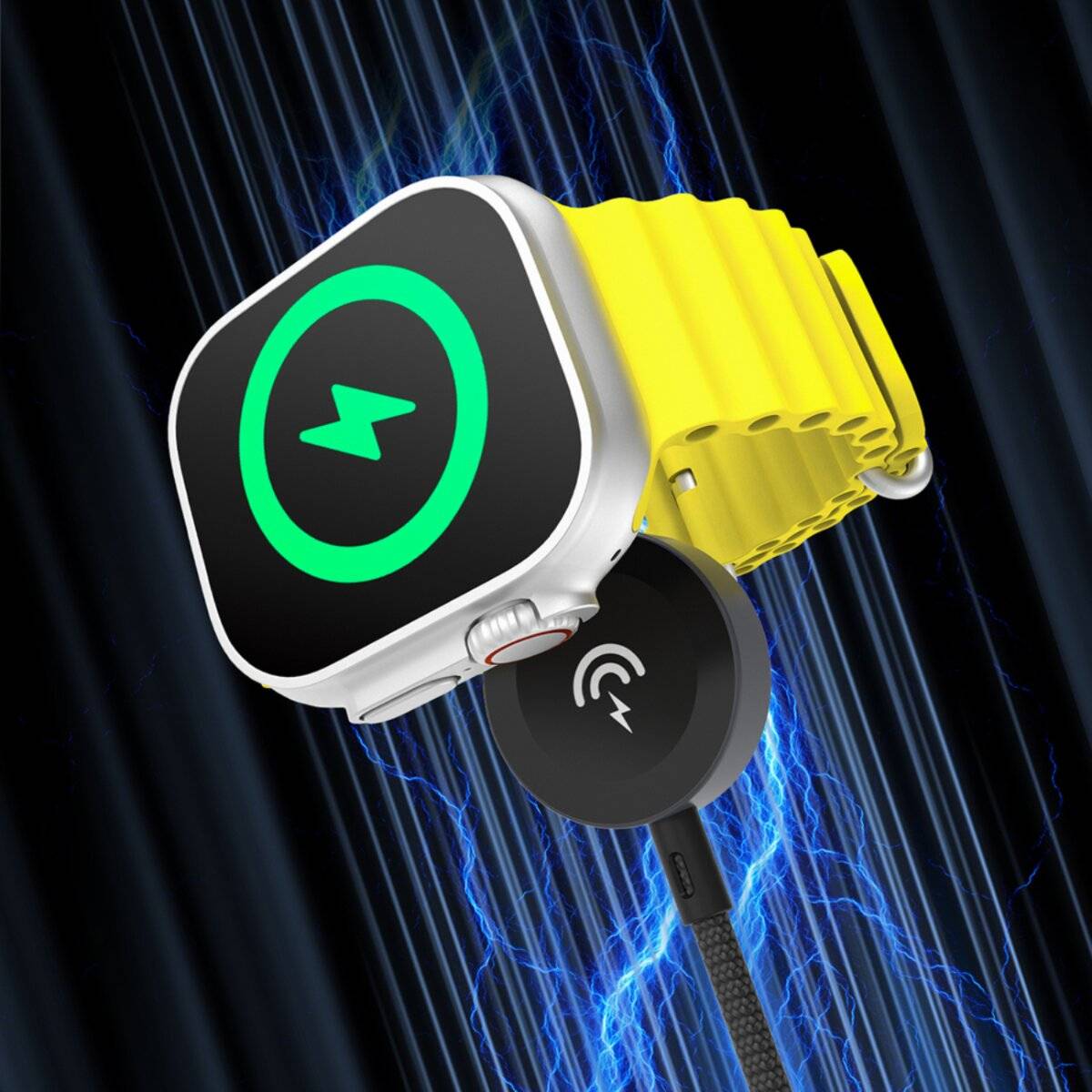 Eine Smartwatch mit einem gelben Band wird kabellos aufgeladen, was durch ein grünes, kreisförmiges Ladessymbol auf dem Bildschirm angezeigt wird, mit blauen Blitzmotiven im Hintergrund.