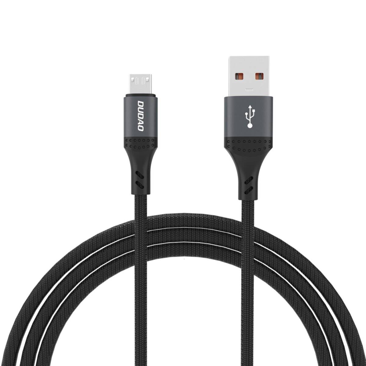 Ein schwarzes USB-Kabel mit Micro-USB- und USB-A-Anschlüssen.