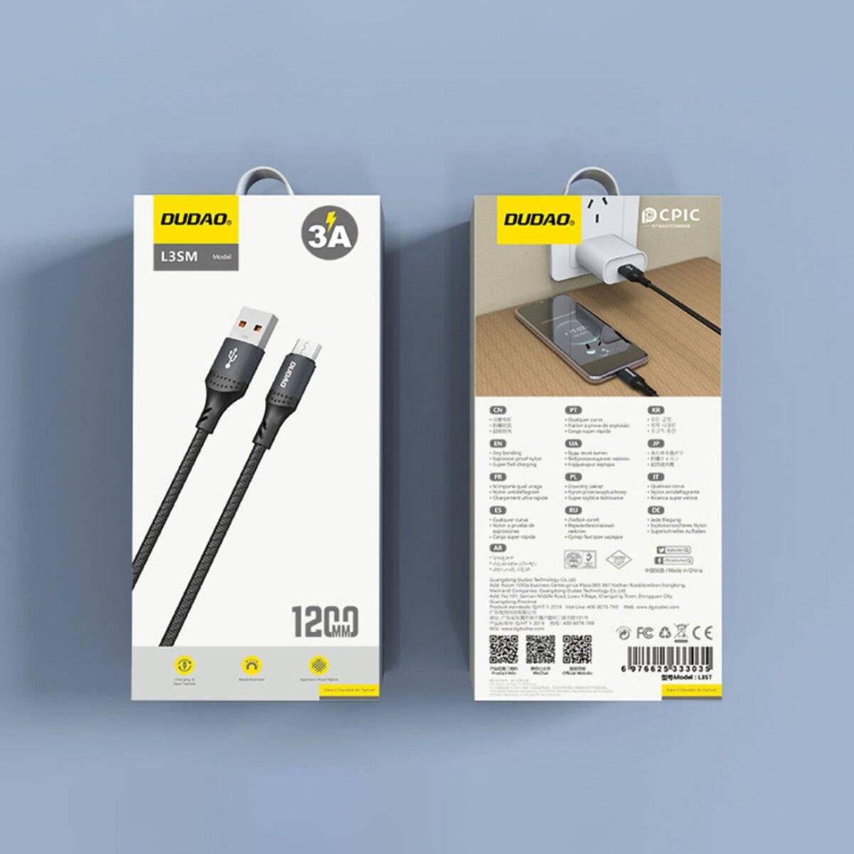 Das Bild zeigt die Vorder- und Rückseite einer Ladekabelbox von 'Dudao' des Modells L35M. Die Vorderseite hebt ein USB zu Micro-USB-Kabel mit einer Länge von '120 cm' und einer Leistung von '3A' hervor. Auf der Rückseite werden Spezifikationen und ein Foto des Kabels in Gebrauch präsentiert.