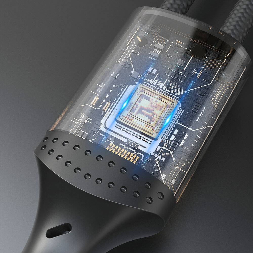 Illustration eines futuristischen Kabels mit sichtbarer Leiterplatte und leuchtendem Mikrochip, das fortschrittliche Technologiekonnektivität darstellt.