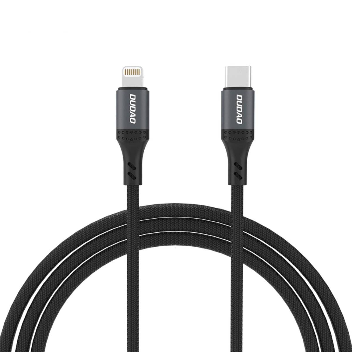 Ein schwarzes USB-C-zu-Lightning-Kabel mit geflochtener Ummantelung, entwickelt für schnelles Laden und Datenübertragung, mit sichtbarer Markierung auf den Anschlüssen.